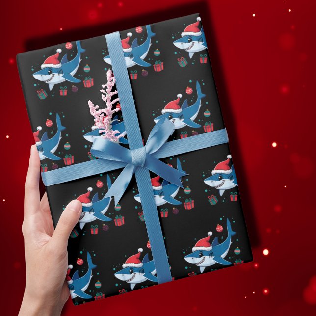 Shark Santa Hat Christmas Gift Ocean Black Wrapping Paper (Creator Uploaded)