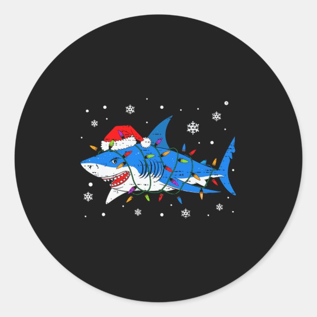 Shark Santa Hat Christmas Lights Xmas Pajama Men W Classic Round Sticker (Front)
