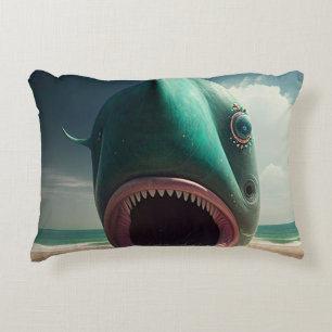 Shark sculpture on the beach accent pillow