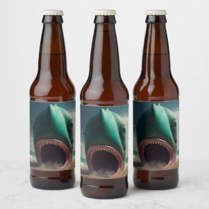 Shark sculpture on the beach beer bottle label