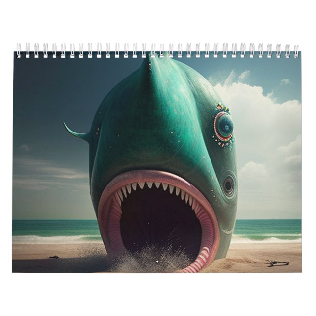 Shark sculpture on the beach calendar (Cover)