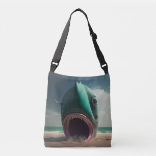 Shark sculpture on the beach crossbody bag
