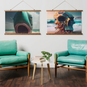 Shark sculpture on the beach hanging tapestry
