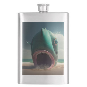 Shark sculpture on the beach hip flask
