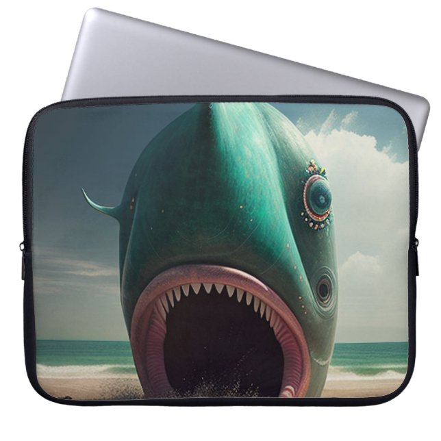 Shark sculpture on the beach laptop sleeve (Front)
