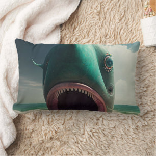 Shark sculpture on the beach lumbar pillow