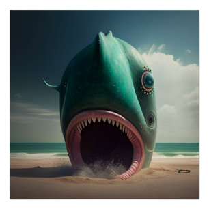 Shark sculpture on the beach poster