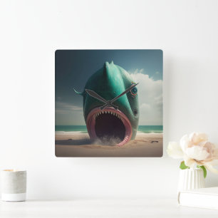 Shark sculpture on the beach square wall clock