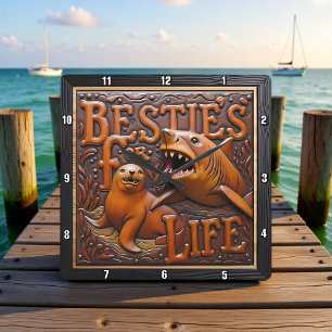 Shark Seal Brown Leather Carving Square Wall Clock