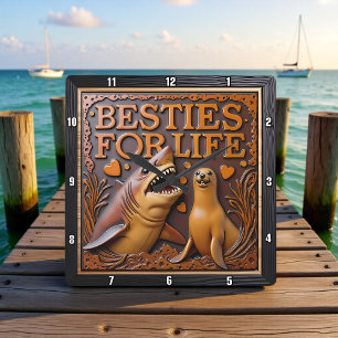 Shark Seal Love Hearts Square Wall Clock