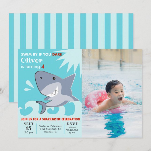 Shark Sharktastic Pool Birthday Party Photo Invitation (Front/Back)