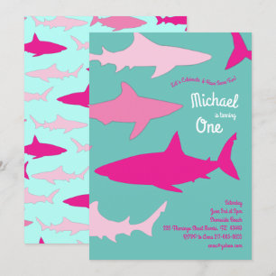 Shark Silhouette Cute Kids 1st Birthday Party Pink Invitation