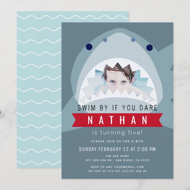 Shark Slate Blue Pool Boy Photo Birthday Invitation (Front/Back)
