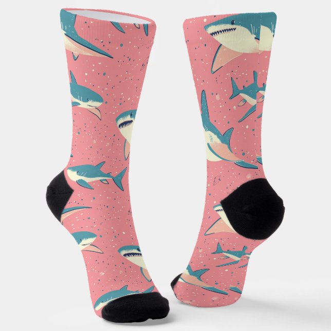 Shark Splash - Fun Ocean Pink and Blue Pattern Socks (Angled)