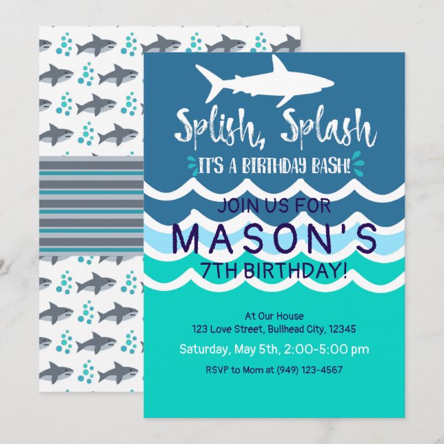 Shark Splash Party Swim Invitation Boys Summer (Front/Back)