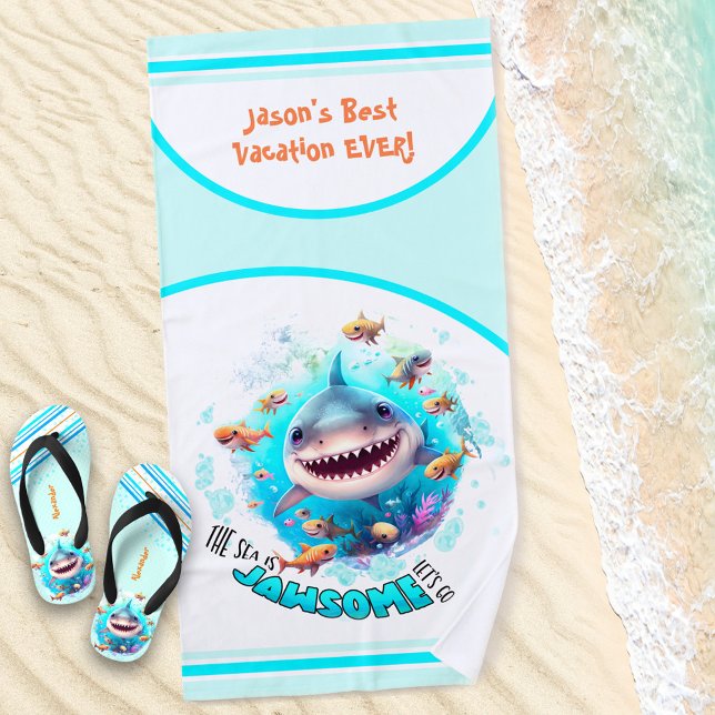 Shark Summer Vacation Name Boy Beach Towel (Creator Uploaded)