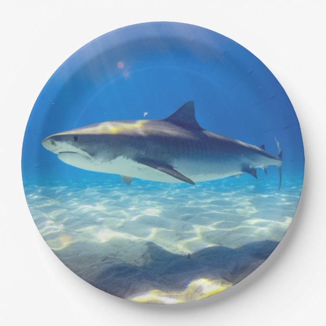 Shark Swimming Blue Ocean Water Paper Plate (Front)