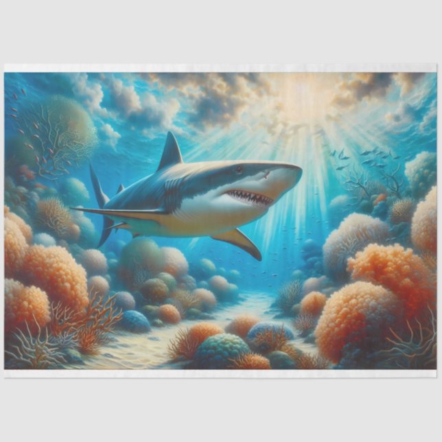 Shark Swimming in a Coral Reef Decoupage Tissue Paper (Front)