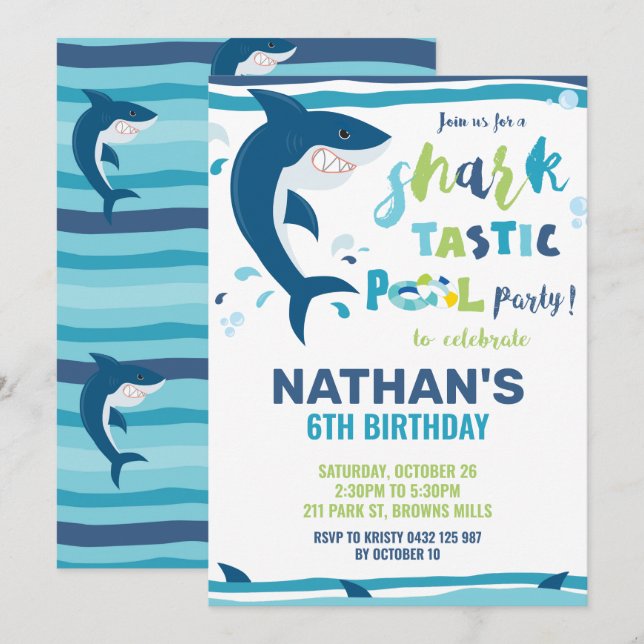 Shark-Tastic Pool Birthday Party Shark Boy Invitation (Front/Back)
