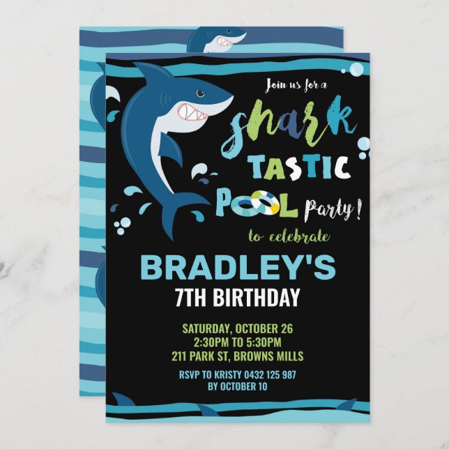Shark-Tastic Pool Birthday Party Shark Boy Invitation (Front/Back)