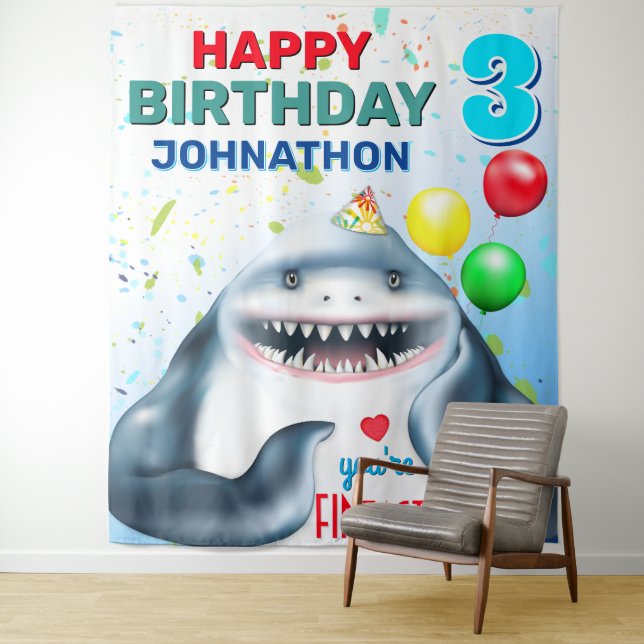 Shark Theme Fintastic Kids Birthday Party Backdrop Tapestry (In Situ)
