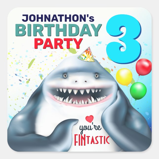 Shark Theme Fintastic Kids Birthday Square Sticker (Front)