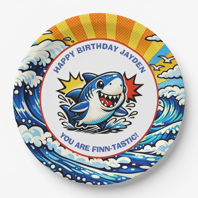 Shark Themed Nautical Boy's Birthday Party Paper Plate (Front)