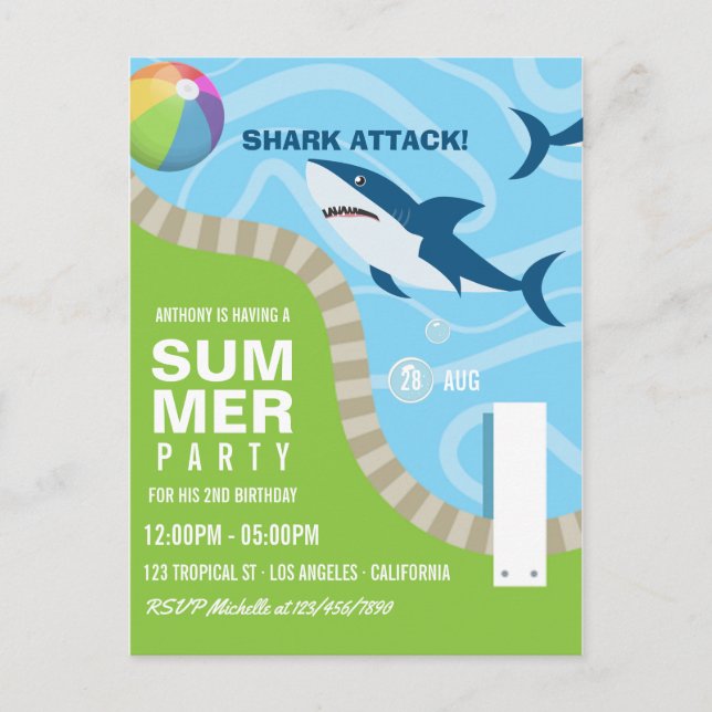 Shark themed Summer Pool Birthday Party Postcard (Front)
