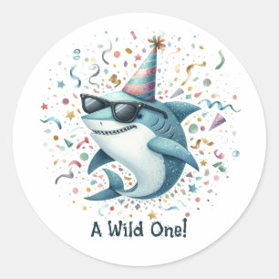 Shark Themed "Wild One" Birthday Party  Classic Round Sticker
