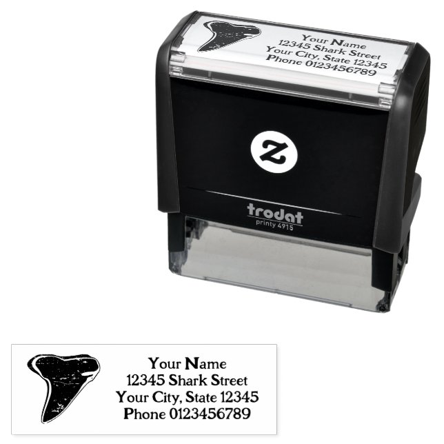 Shark tooth logo custom return address self-inking stamp (In Situ)