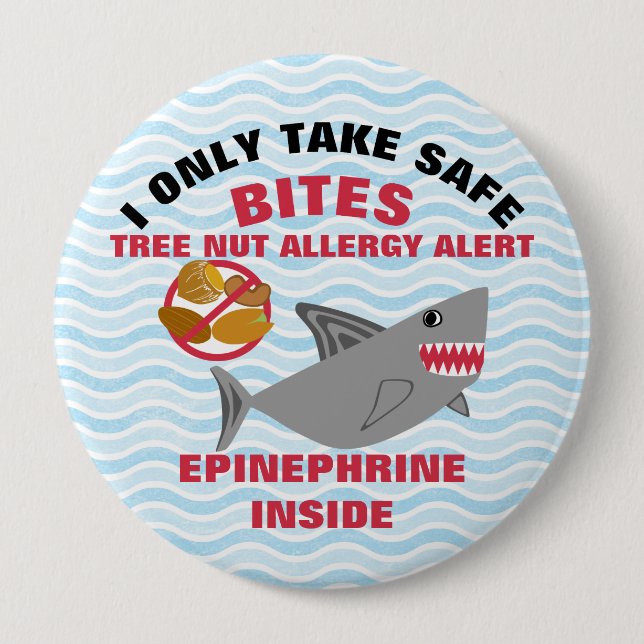 Shark Tree nut Allergy Alert Personalized Boys 4 Inch Round Button (Front)