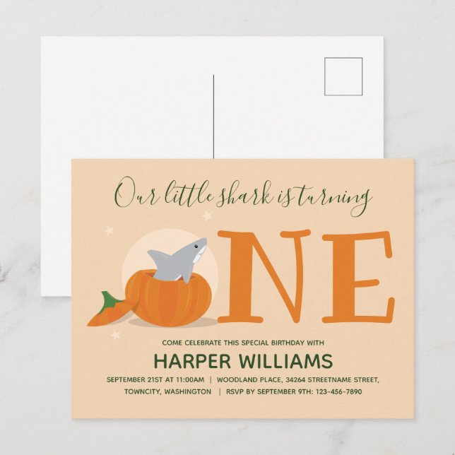 Shark Turning One Pumpkin First Birthday Invitation Postcard (Front/Back)