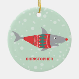 Shark Ugly Sweater Name Christmas Ceramic Ornament