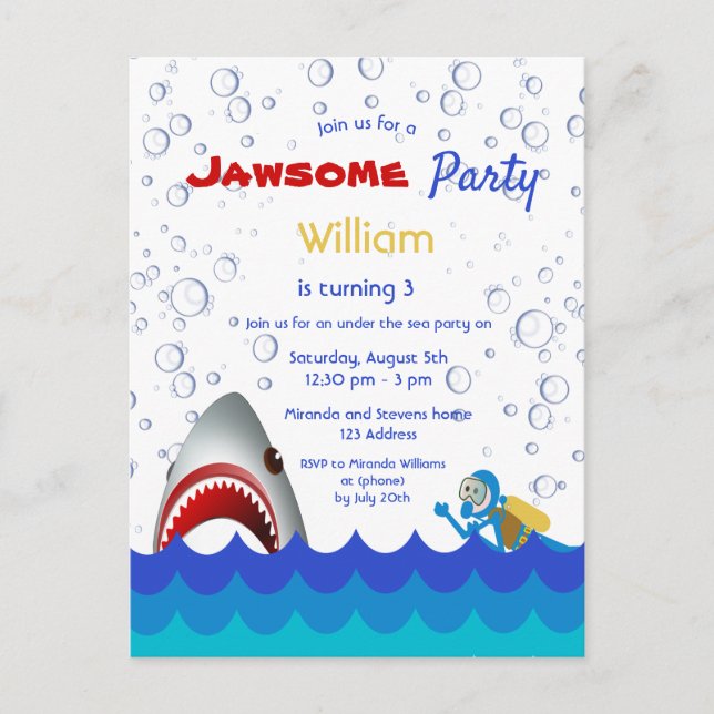 Shark under the sea 3rd birthday party invitation postcard (Front)