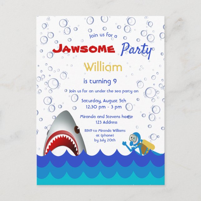 Shark under the sea 9th birthday party invitation postcard (Front)