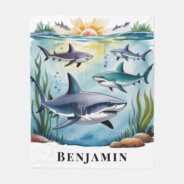 Shark Under The Sea Boy Birthday Gift Fleece Blanket (Front)