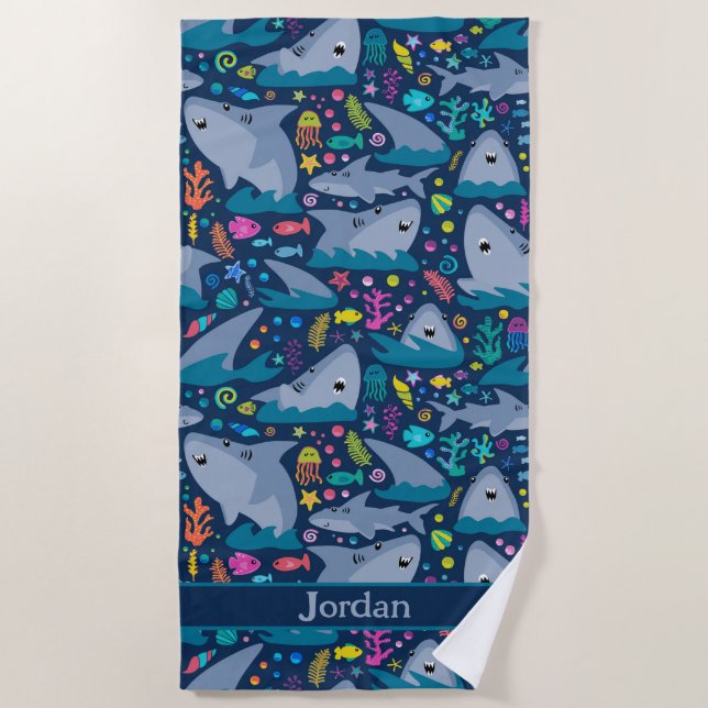 Shark Under The Sea Cute Personalized Pattern Beach Towel (Front)
