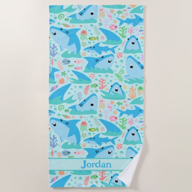 Shark Under The Sea Cute Personalized Pattern Beach Towel (Front)