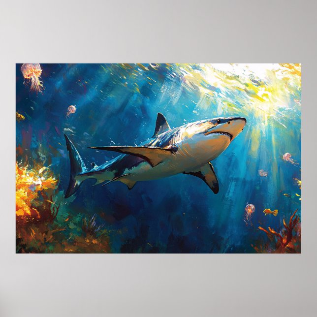 Shark Underwater Surrounded by Jellyfish Poster (Front)
