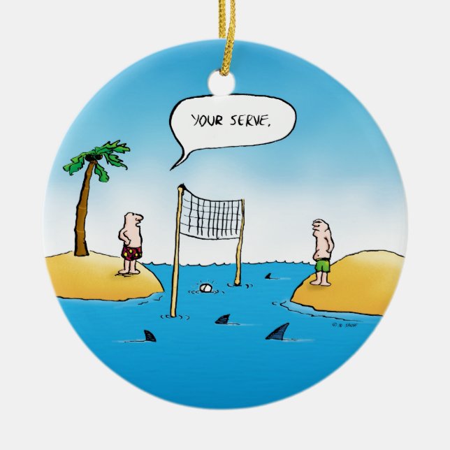 Shark Volleyball Funny Cartoon Ceramic Ornament (Front)