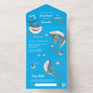 Shark watercolor ocean blue under the sea party all in one invitation