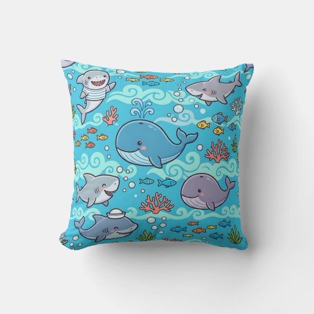 Shark Whale Ocean Throw Pillow (Front)