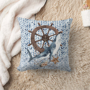 Shark with a steering wheel and fishing net throw pillow