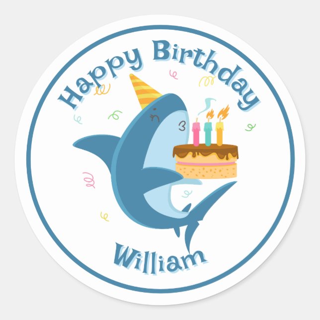 Shark with Birthday Cake Classic Round Sticker (Front)