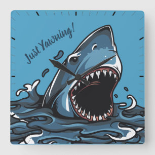 SHARK YAWNING, SHARK TIRED, OPEN MOUTH SQUARE WALL CLOCK