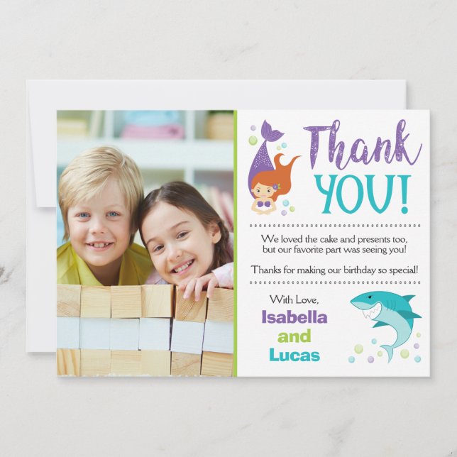 Sharks and Mermaids Birthday Thank You Card (Front)