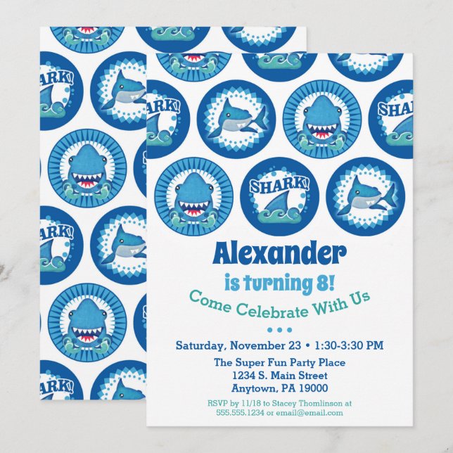 Sharks Birthday Invitation Boys Shark Party (Front/Back)