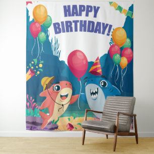 Sharks Birthday Party Backdrop Photo Banner Tapestry