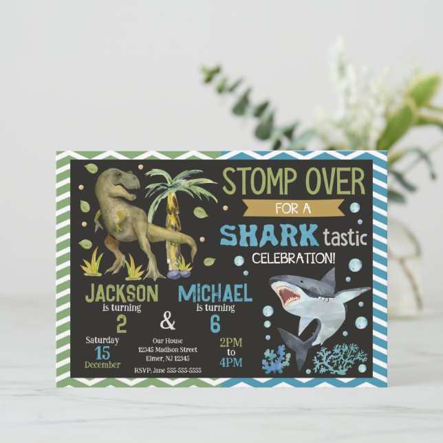 Sharks & Dinosaurs Joint Birthday Invitation (Standing Front)