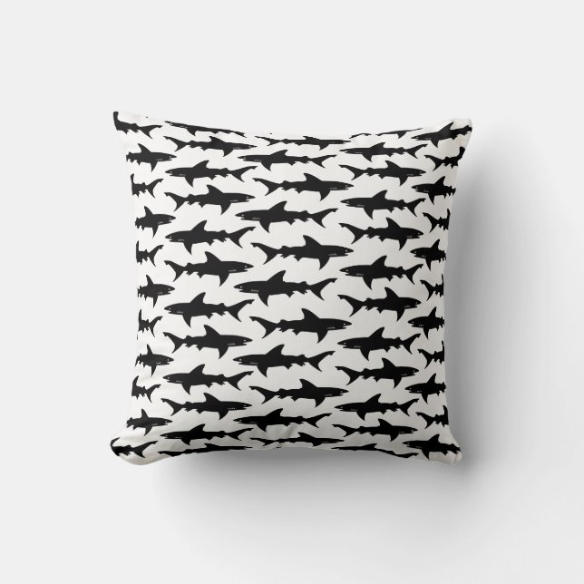 Sharks - Elegant Black and White Shark Pattern Throw Pillow (Front)